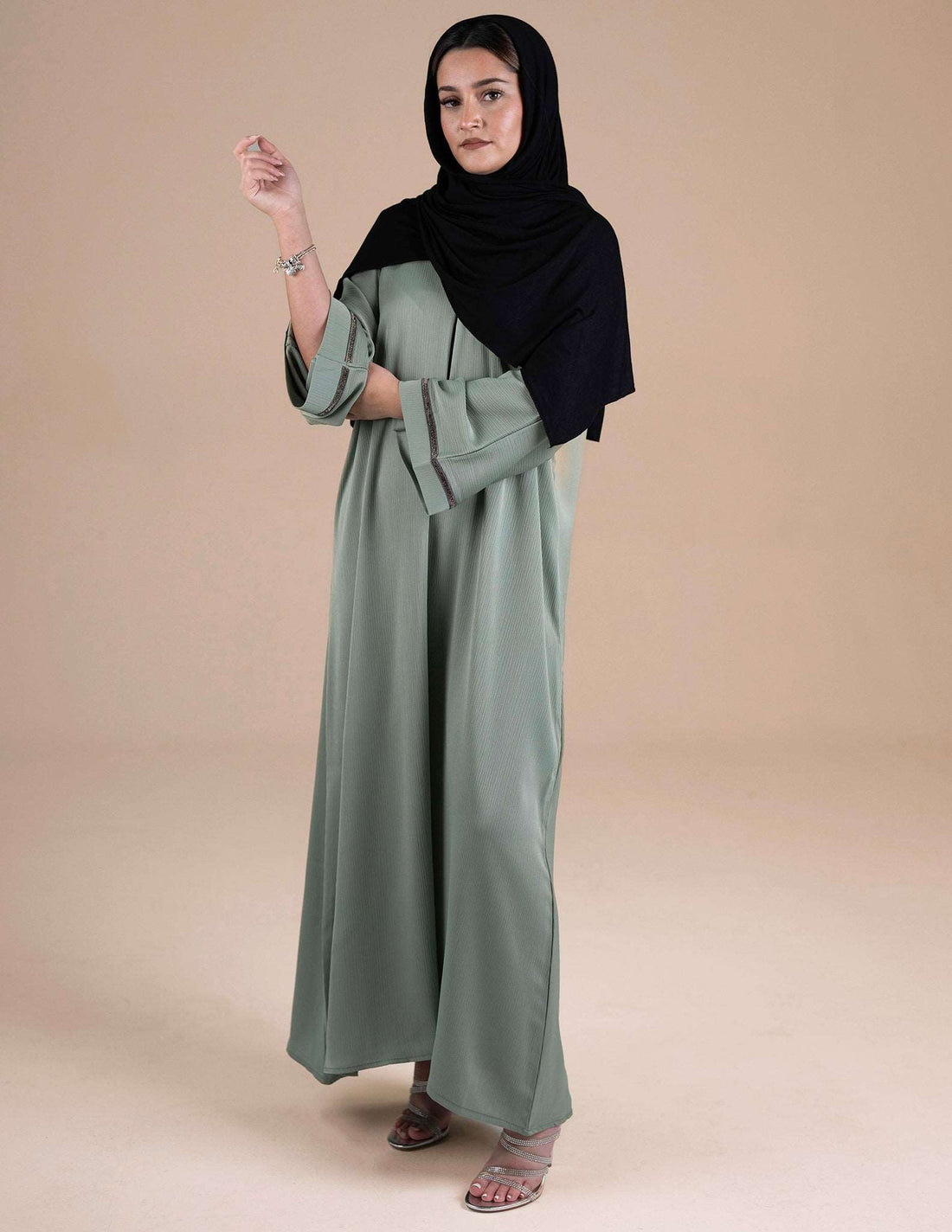 Essential Closed Mint Green Abaya - Abayas, Best, Closed, closed abayas, embroidered abayas, essential, essential abayas - AZAARYA