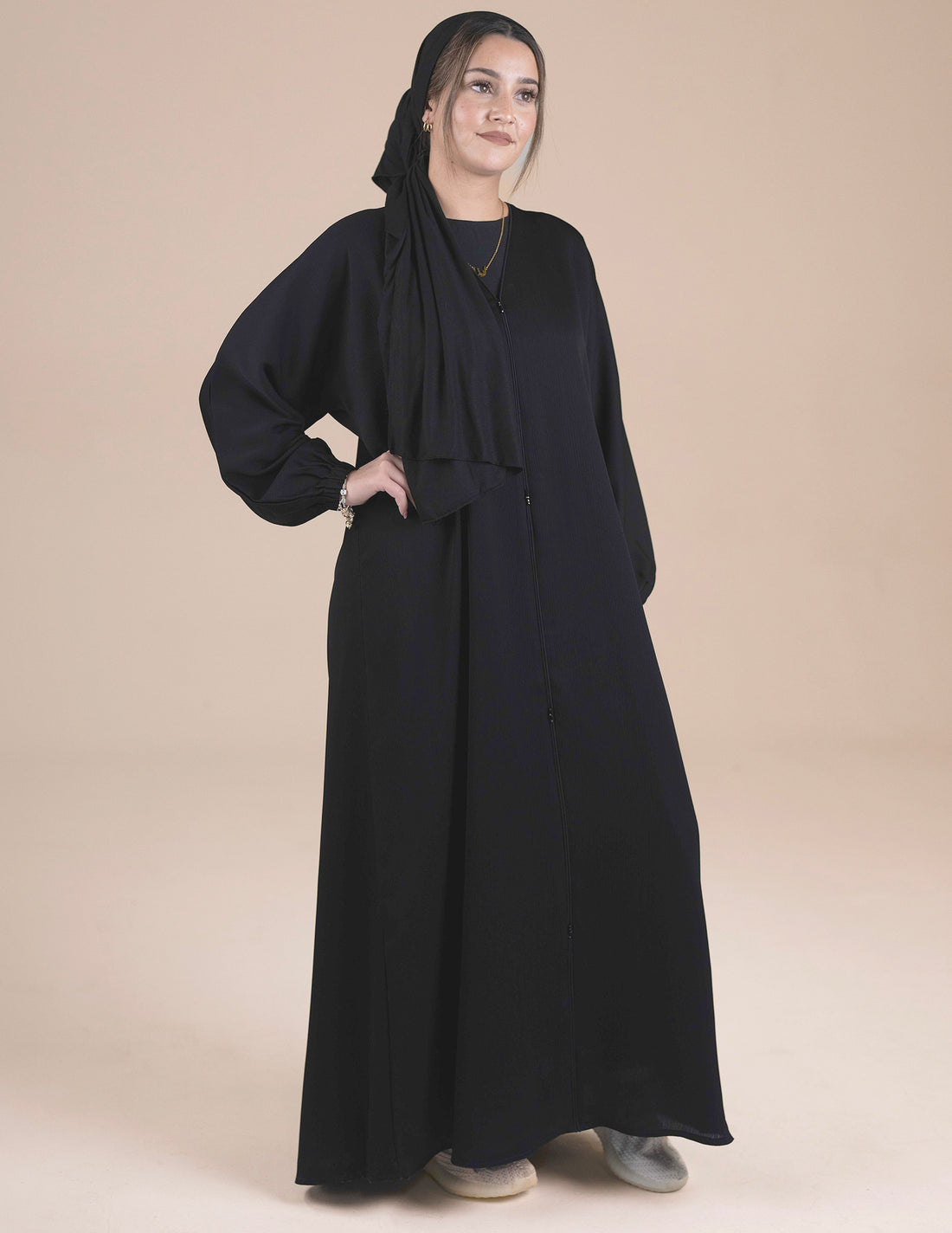 Essential Closed Black Cuffed Abaya - Abayas, black abayas, Closed, closed abayas, cuffed sleeves, essential, essential abayas, Featured - AZAARYA