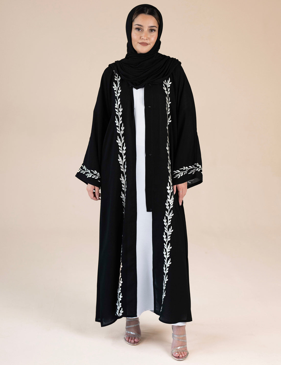 Hania Black Embroidered Abaya - Abayas, Best, black abayas, open abayas, premium, premium abayas - AZAARYA