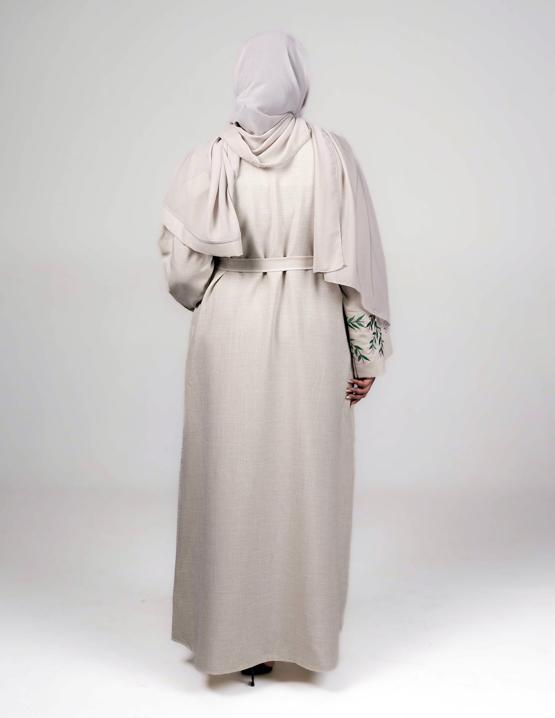Beige Linen 'Samar' Abaya with Sleeve Embroidery