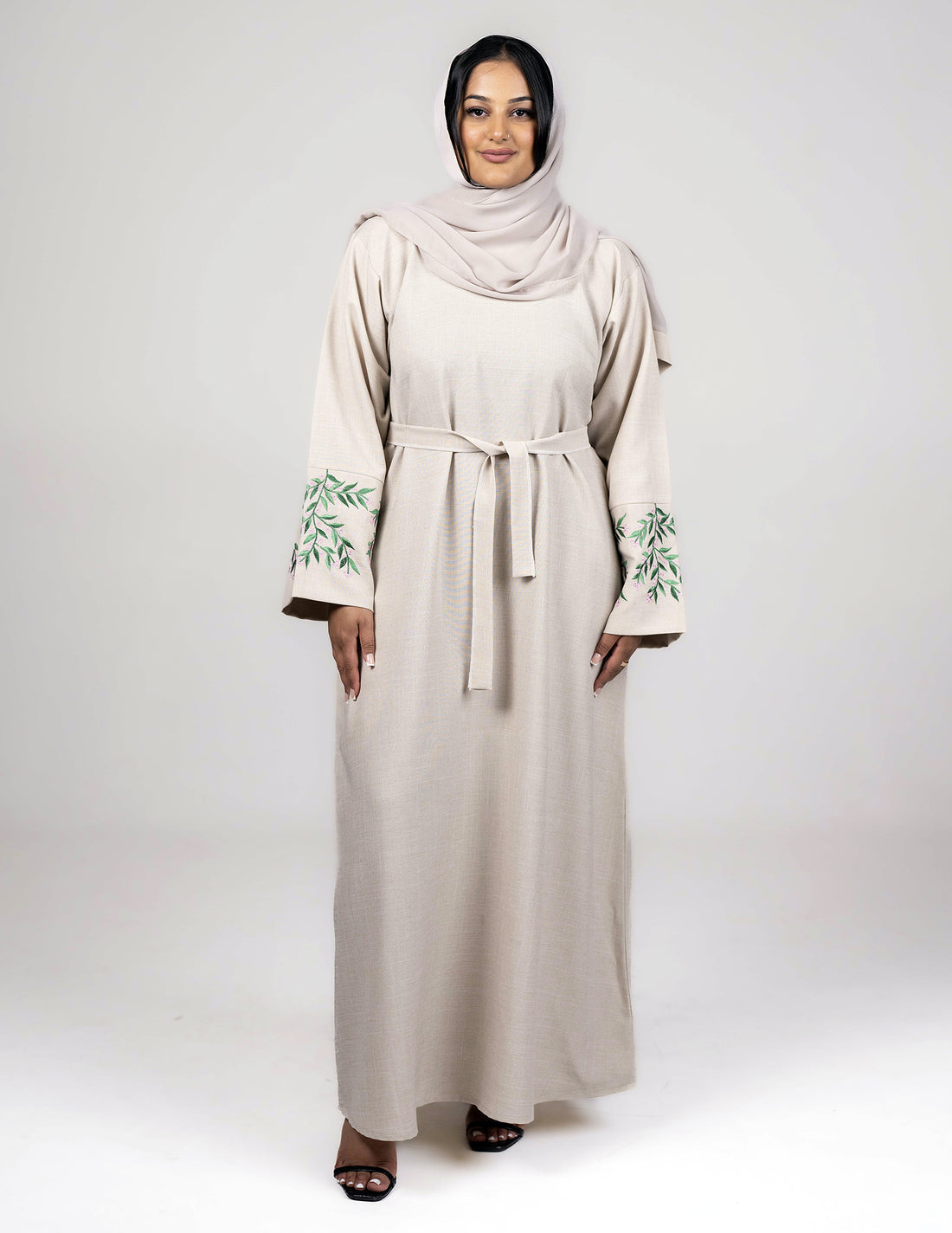 Beige Linen 'Samar' Abaya with Sleeve Embroidery