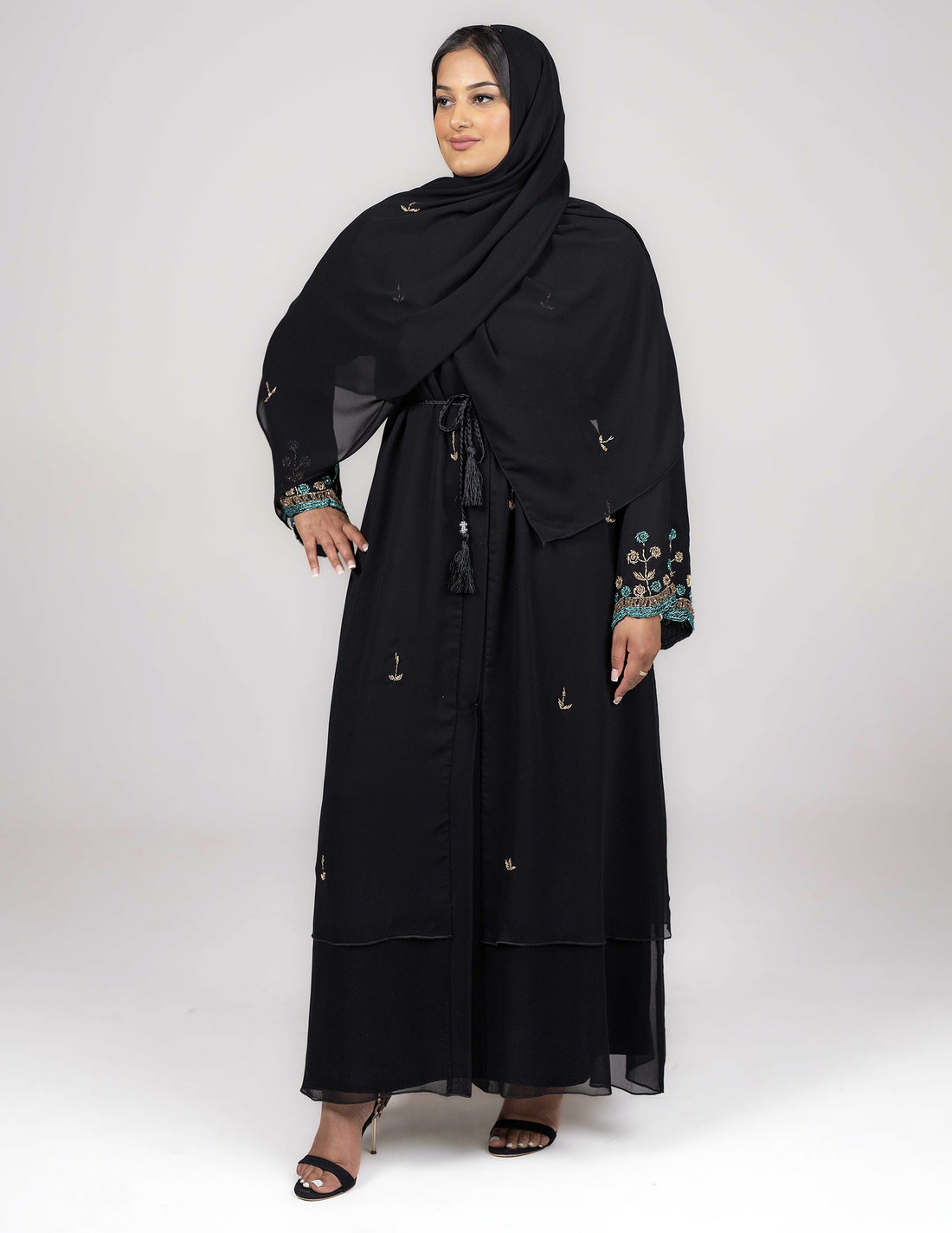 Safa Abaya - Abayas, black abaya, black abayas, embroidered, embroidered abaya, embroidered abayas, Featured, floral, open abaya, open abayas, premium, premium abaya, premium abayas - AZAARYA