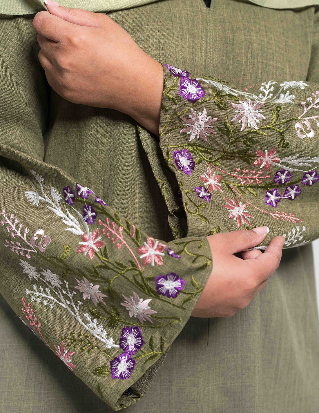Green Linen Open 'Zahra' Abaya with Sleeve Embroidery