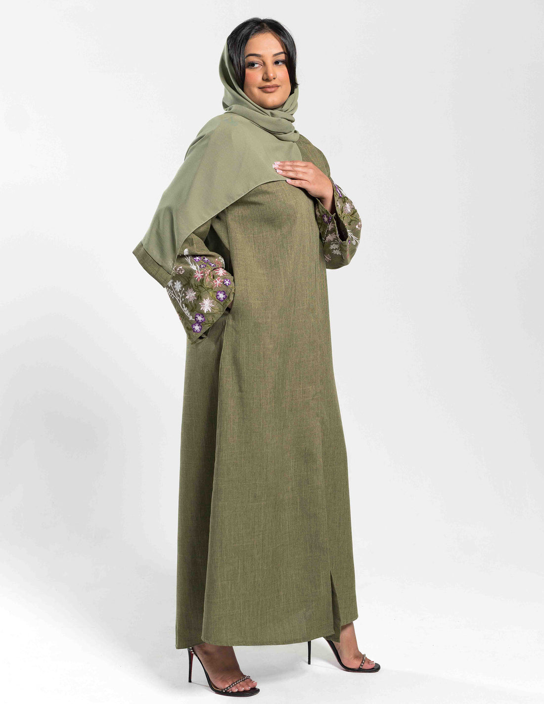 Green Linen Open 'Zahra' Abaya with Sleeve Embroidery