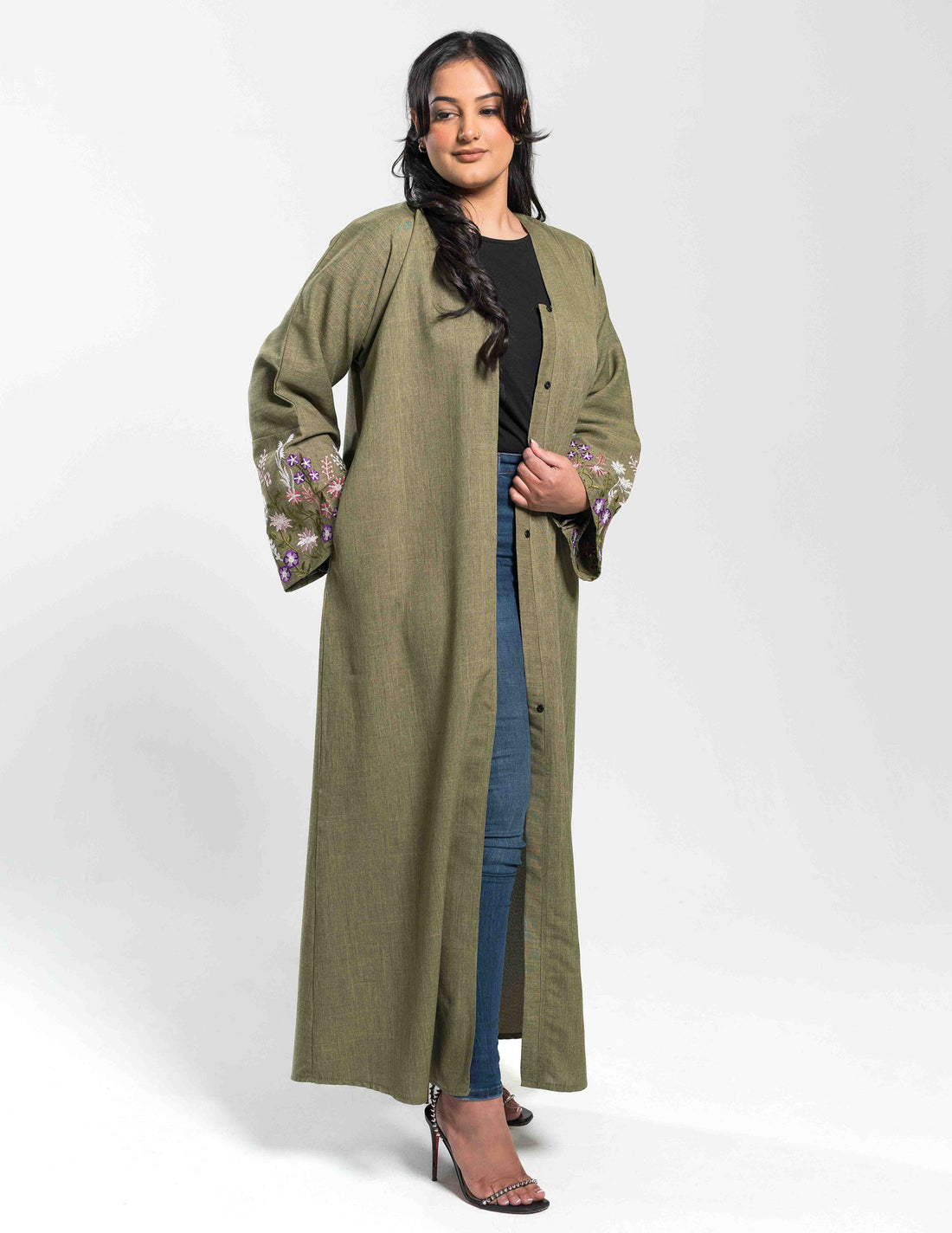 Green Linen Open 'Zahra' Abaya with Sleeve Embroidery