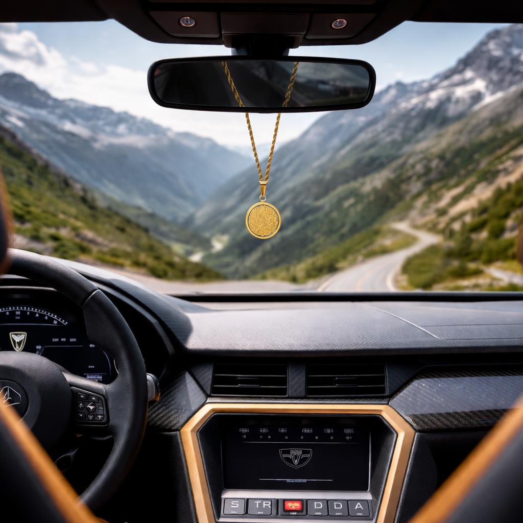 Gold shahada necklace with a pendant hanging from a car's rearview mirror, with a scenic mountain view outside.