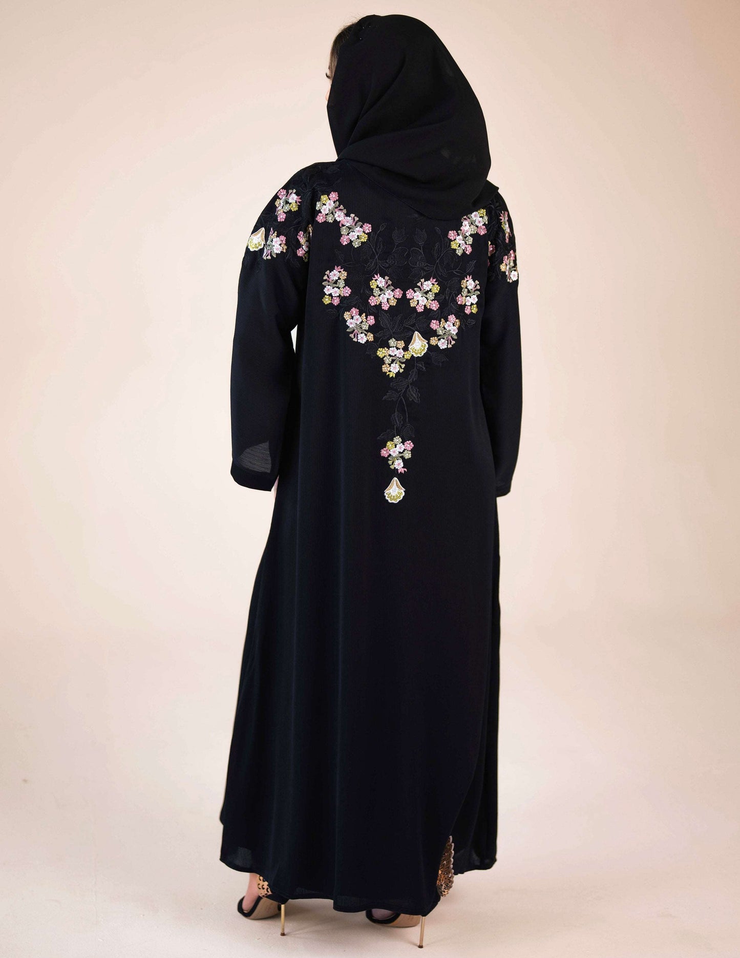 Airah Floral Black Abaya - Abayas, embroidered, Featured, floral, open abaya, premium, upsell - AZAARYA