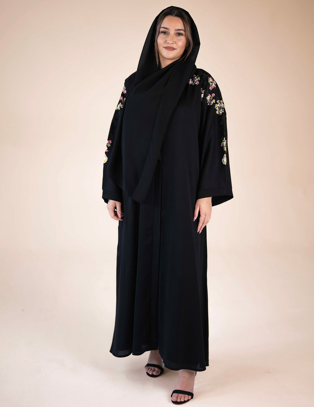 Airah Floral Black Abaya - Abayas, embroidered, Featured, floral, open abaya, premium, upsell - AZAARYA