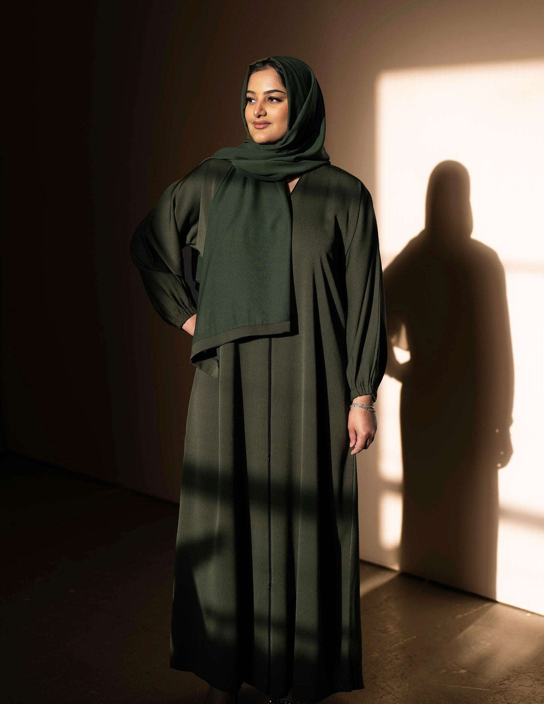 Essential Closed Olive Cuffed Abaya - Abayas, Closed, closed abaya, cuffed abaya, essential, essential abaya, green abaya, zoom abaya - AZAARYA