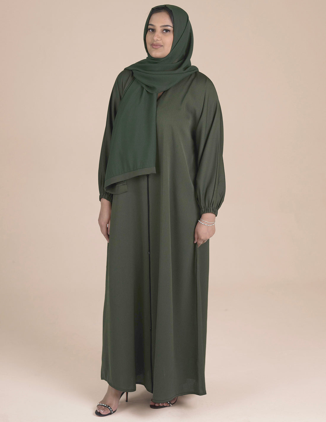 Essential Closed Olive Cuffed Abaya - Abayas, Closed, closed abaya, cuffed abaya, essential, essential abaya, green abaya, zoom abaya - AZAARYA