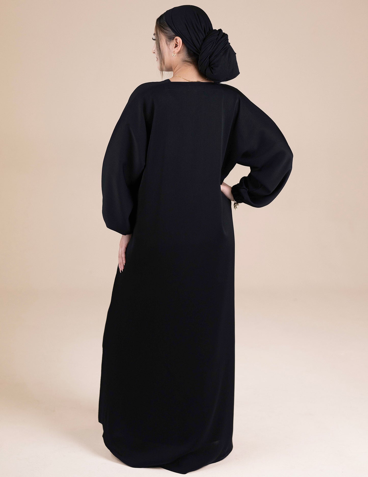 Essential Closed Black Cuffed Abaya - Abayas, black abayas, Closed, closed abayas, cuffed sleeves, essential, essential abayas, Featured - AZAARYA
