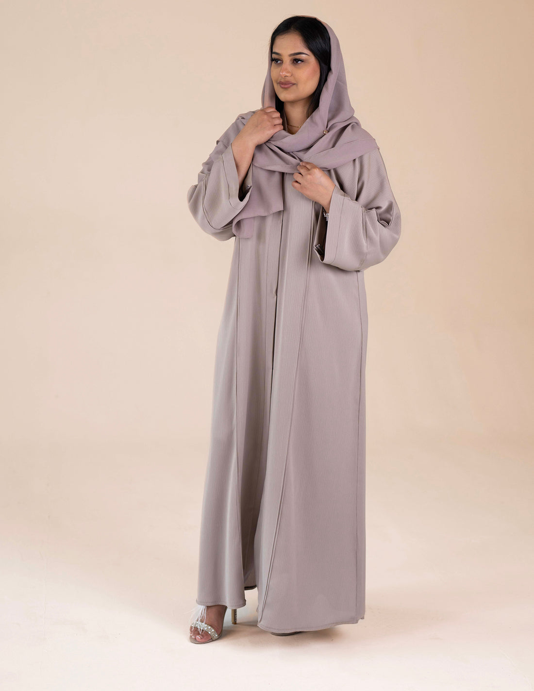 open abaya in nude with hijab