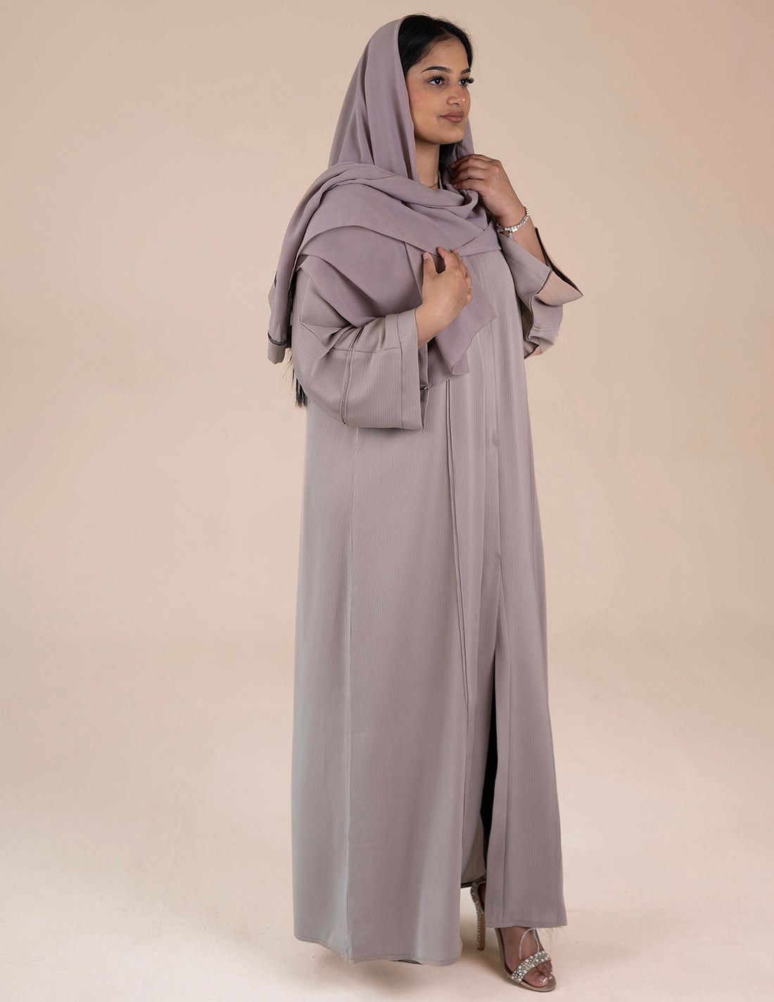 open abaya in nude with hijab