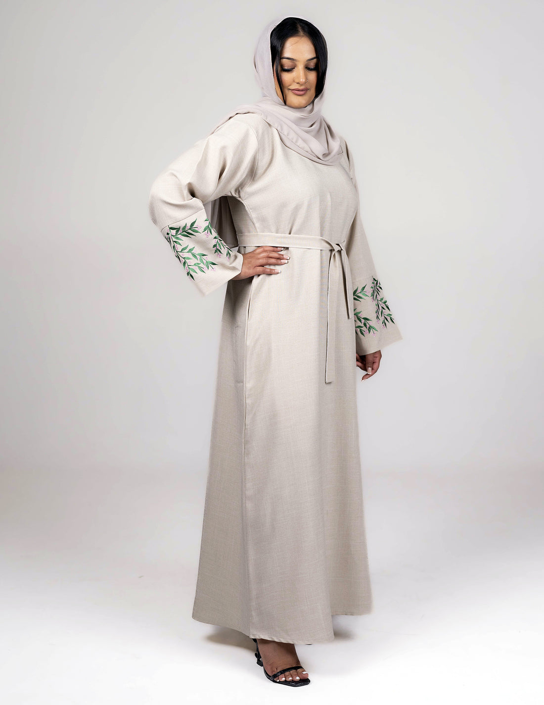 Beige Linen 'Samar' Abaya with Sleeve Embroidery