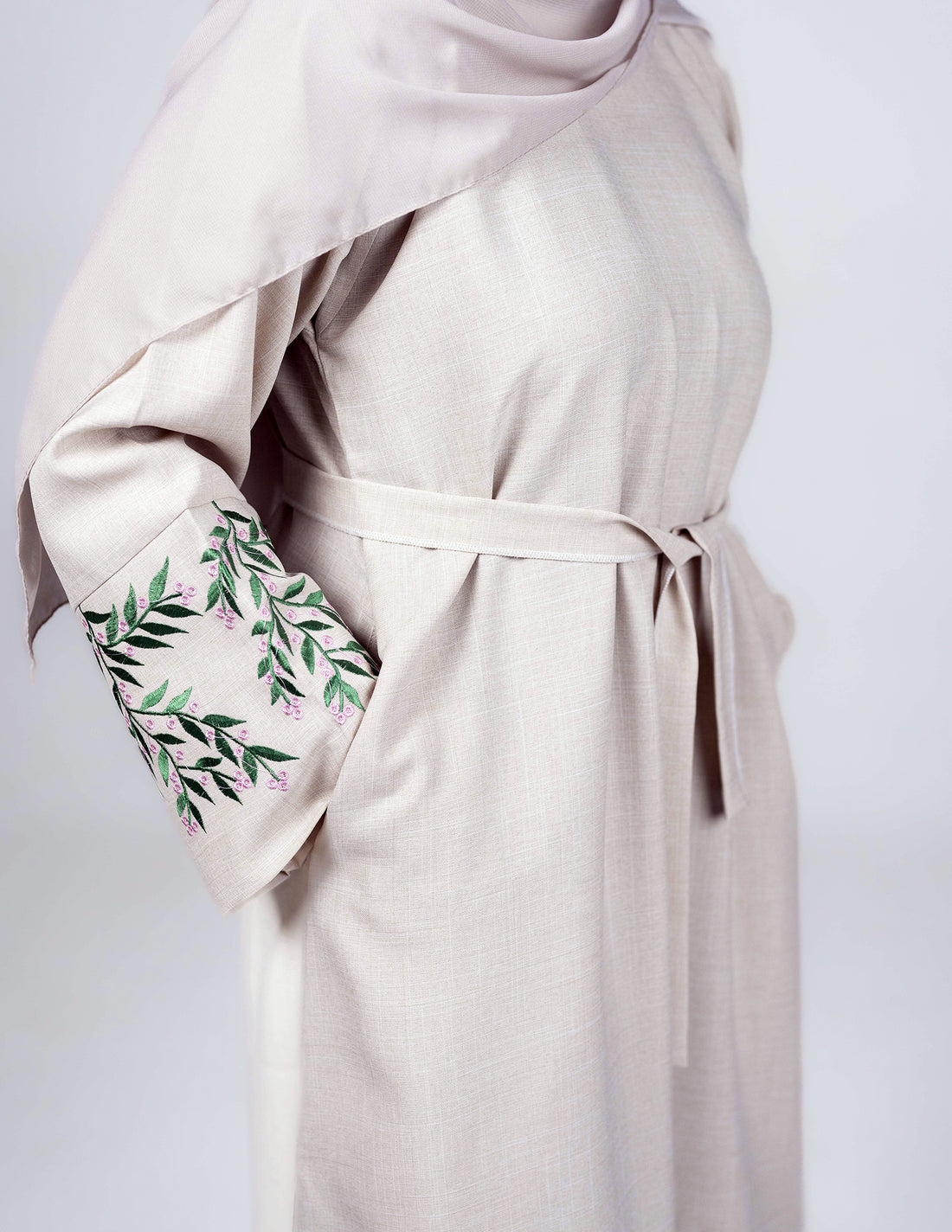 Beige Linen 'Samar' Abaya with Sleeve Embroidery