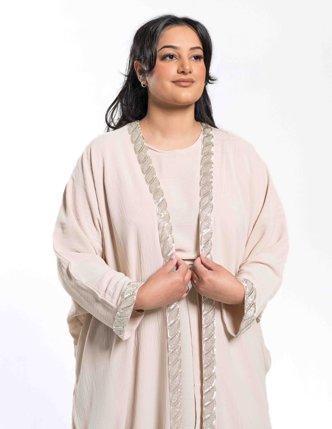 Beige Batwing 'Ajman' Open Lace Abaya