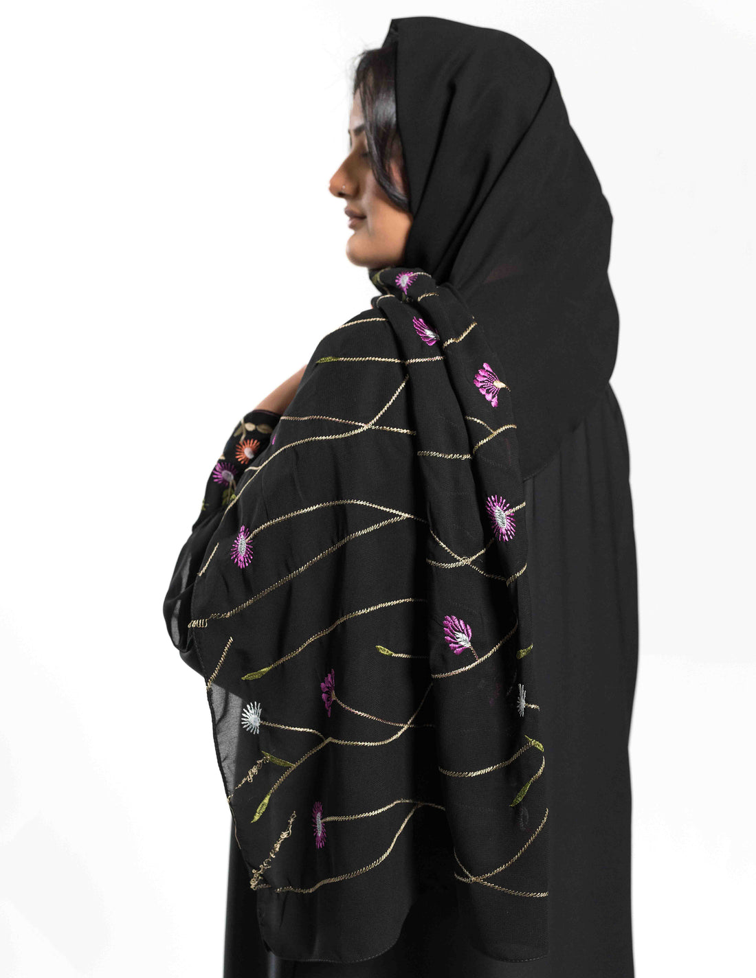 Black Open 'Bloom' Abaya with Blazer Collars