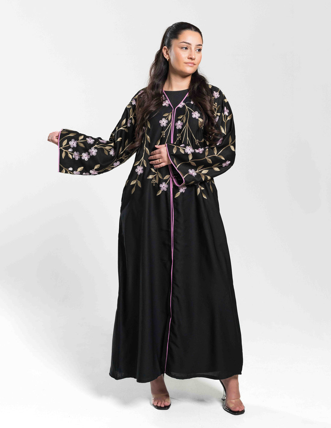 Black Floral Embroidered Open 'Monsoon' Abaya