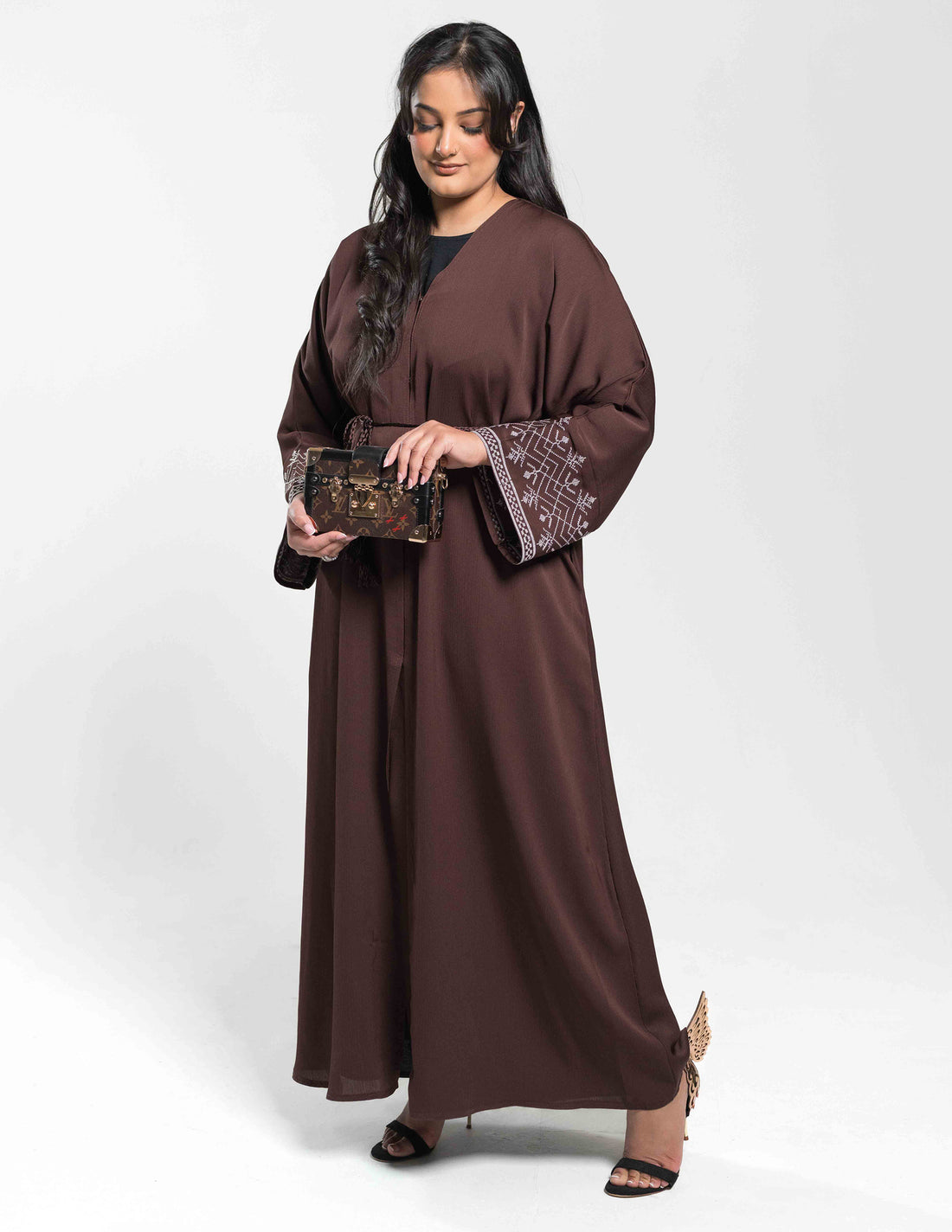 Open Brown Abaya with White Embroidery