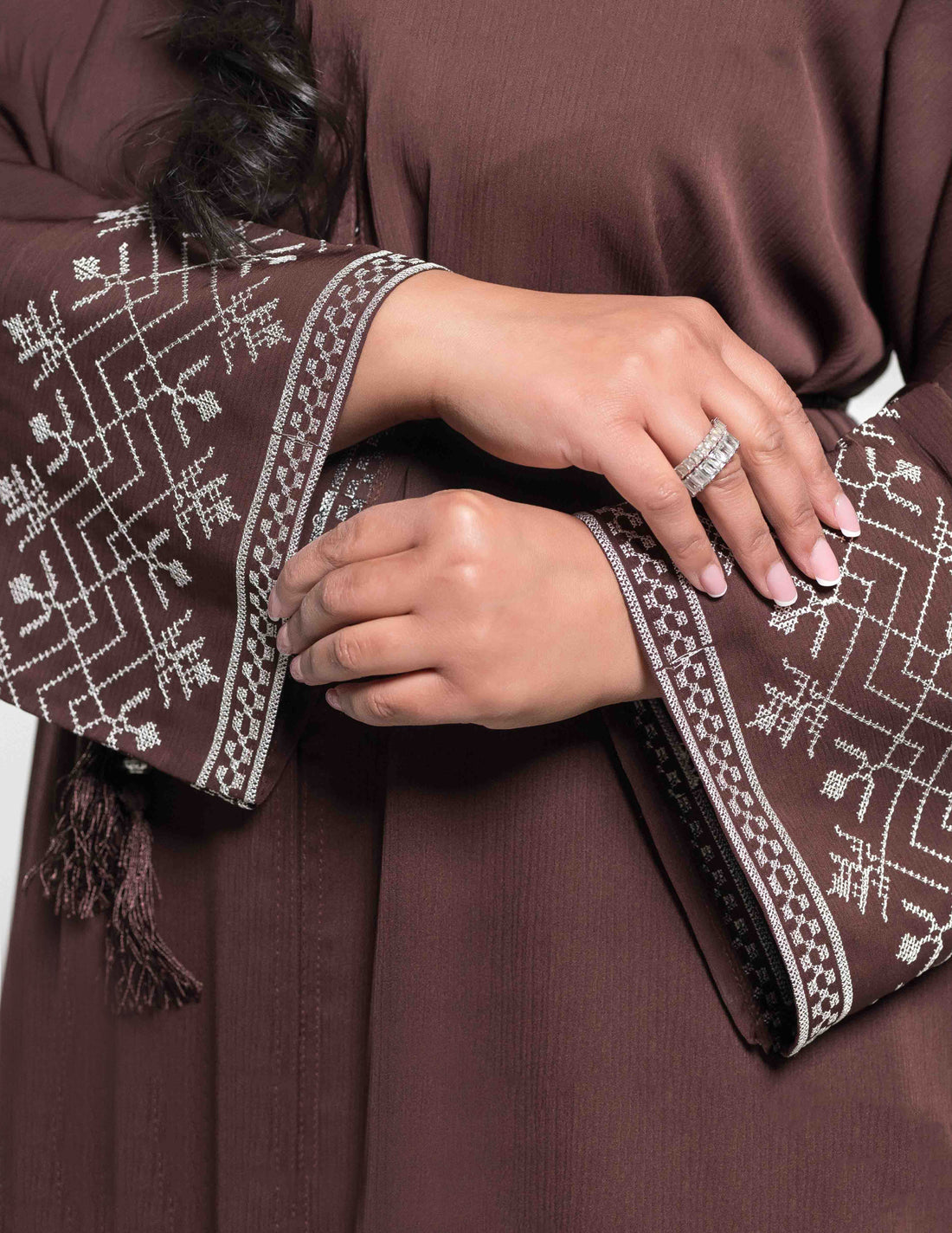 Open Brown Abaya with White Embroidery