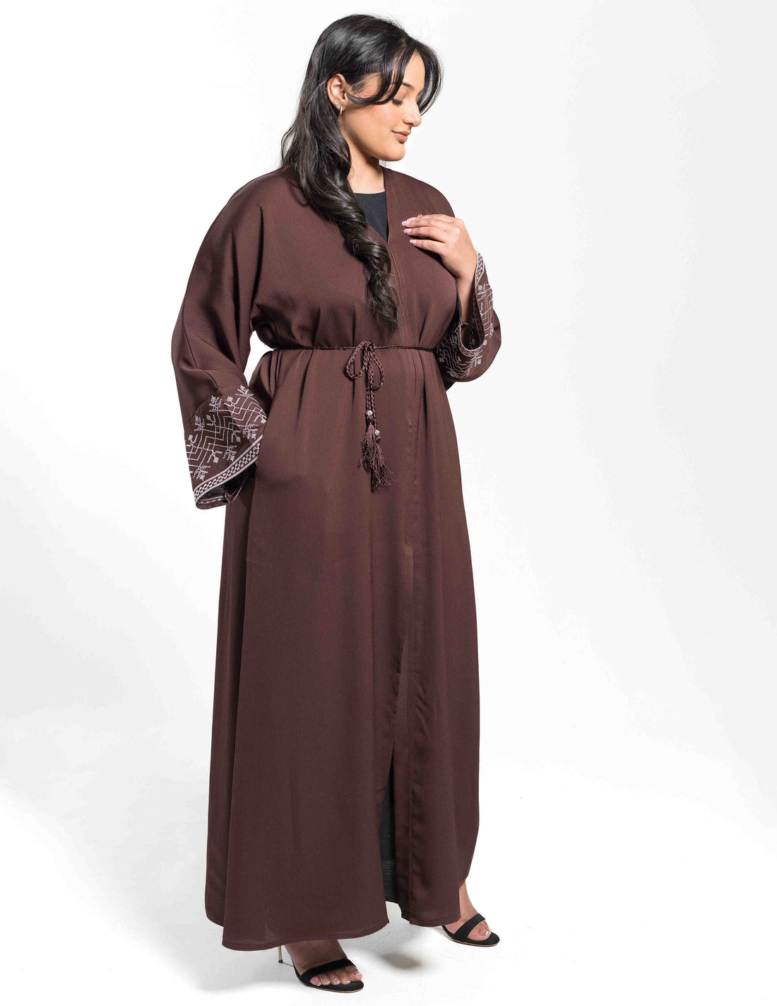 Open Brown Abaya with White Embroidery