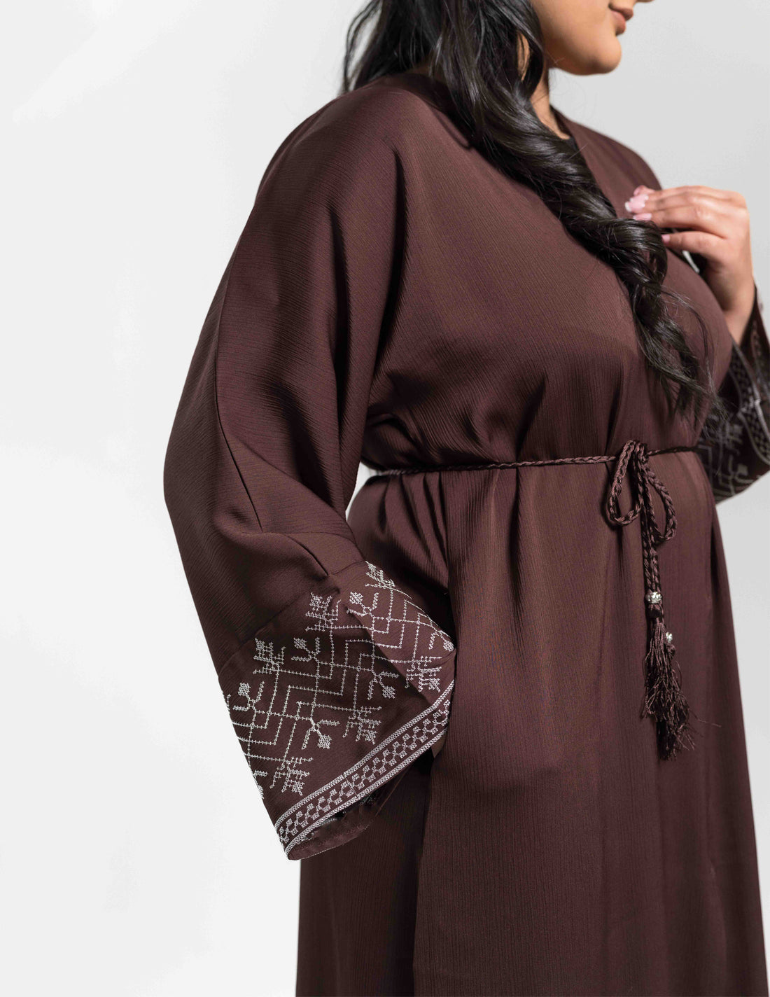 Open Brown Abaya with White Embroidery