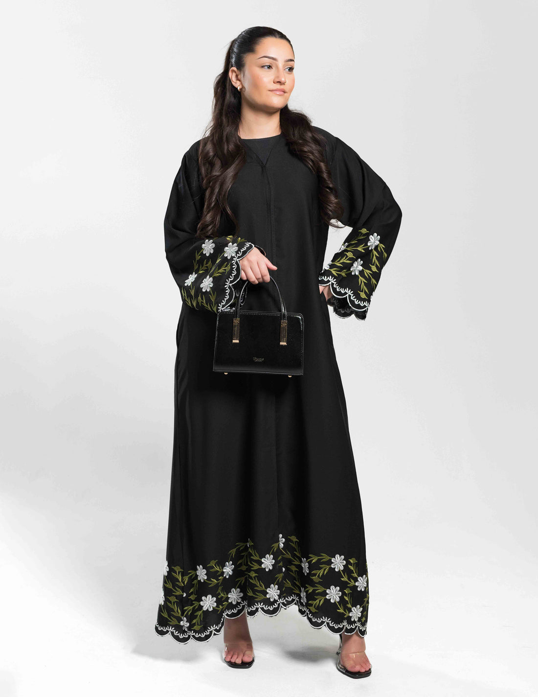 'Hadiqa' Black Open Abaya with Green Embroidery