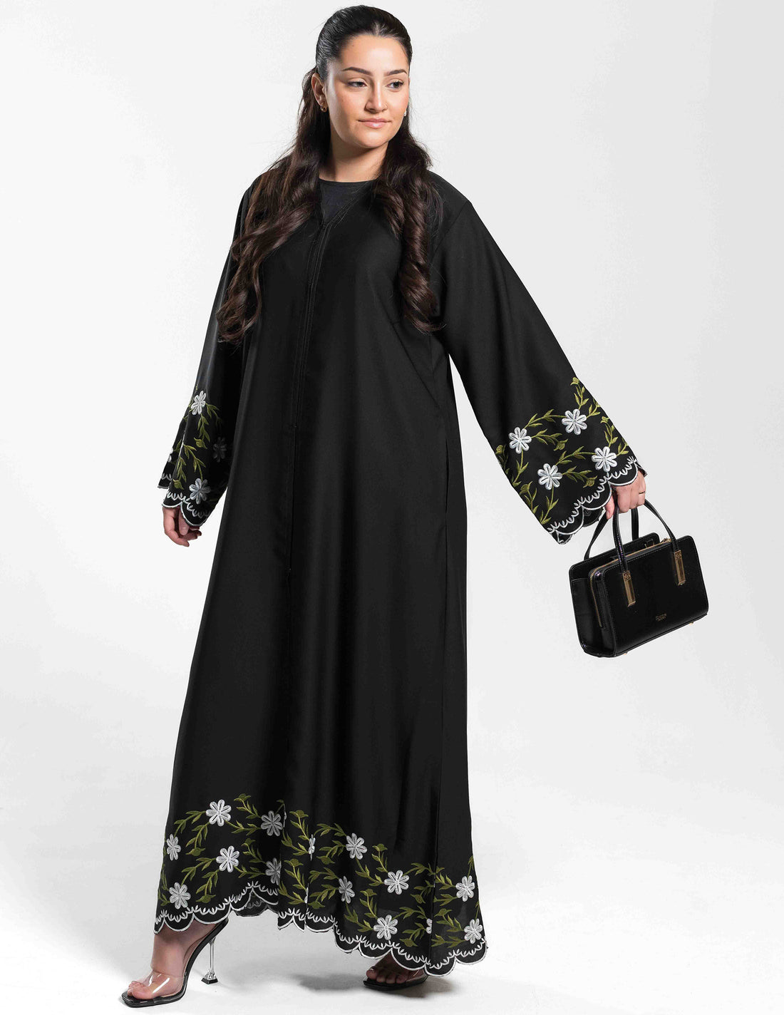 'Hadiqa' Black Open Abaya with Green Embroidery