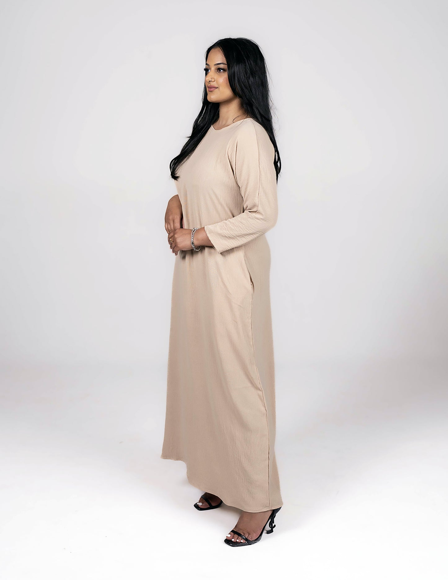 Full Sleeve Beige Slip Dress - Dresses, essential, full sleeve slip dress, inner dresses, inner slips, slip dresses - AZAARYA