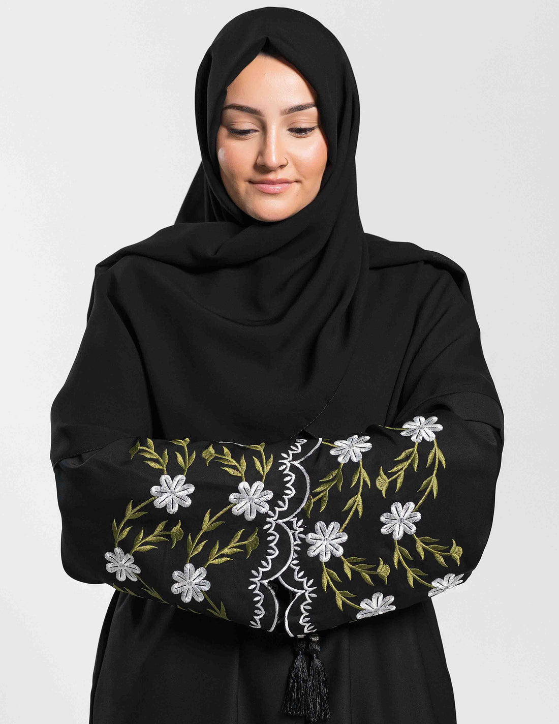 'Hadiqa' Black Open Abaya with Green Embroidery