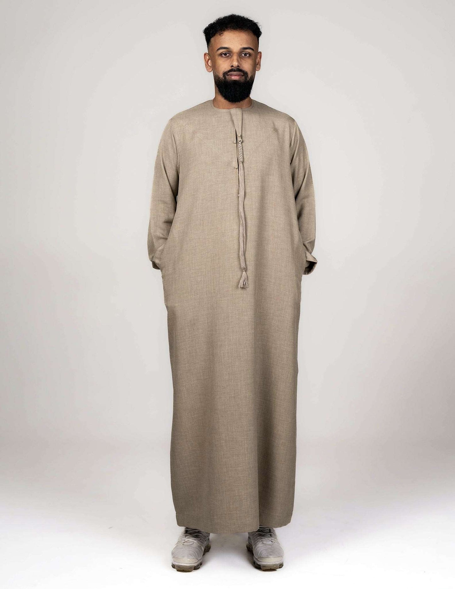 Rayaan Beige Emirati Thobe - beige jubbah, beige thobe, Featured, Men, mens jubbah, mens thobe, mens thobes, Thobes - AZAARYA