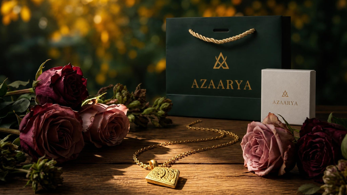 Gold necklace with pendant, Azaarya packaging, and roses on a wooden surface with a blurred natural background.