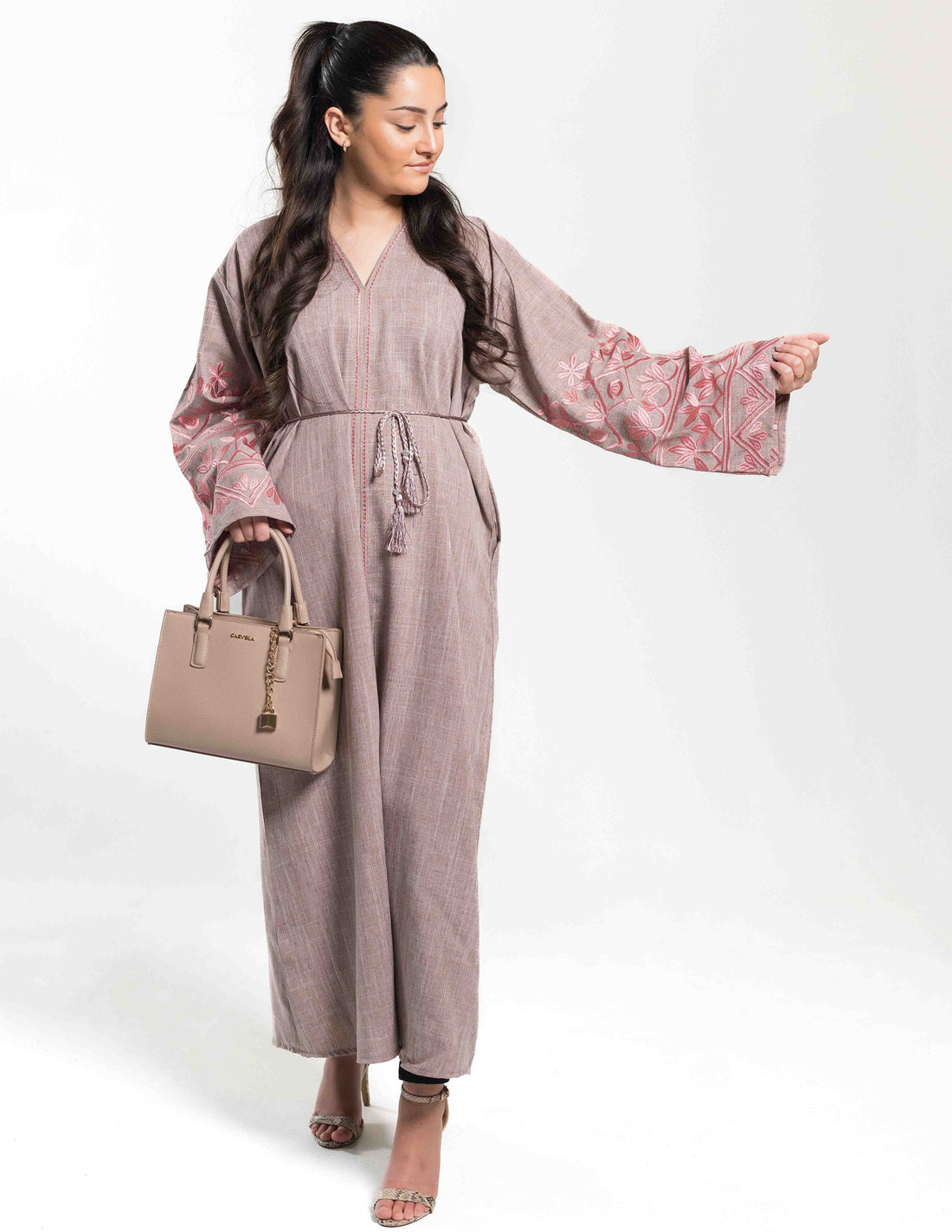 Pink Linen 'Ayma' Abaya with Sleeve Embroidery