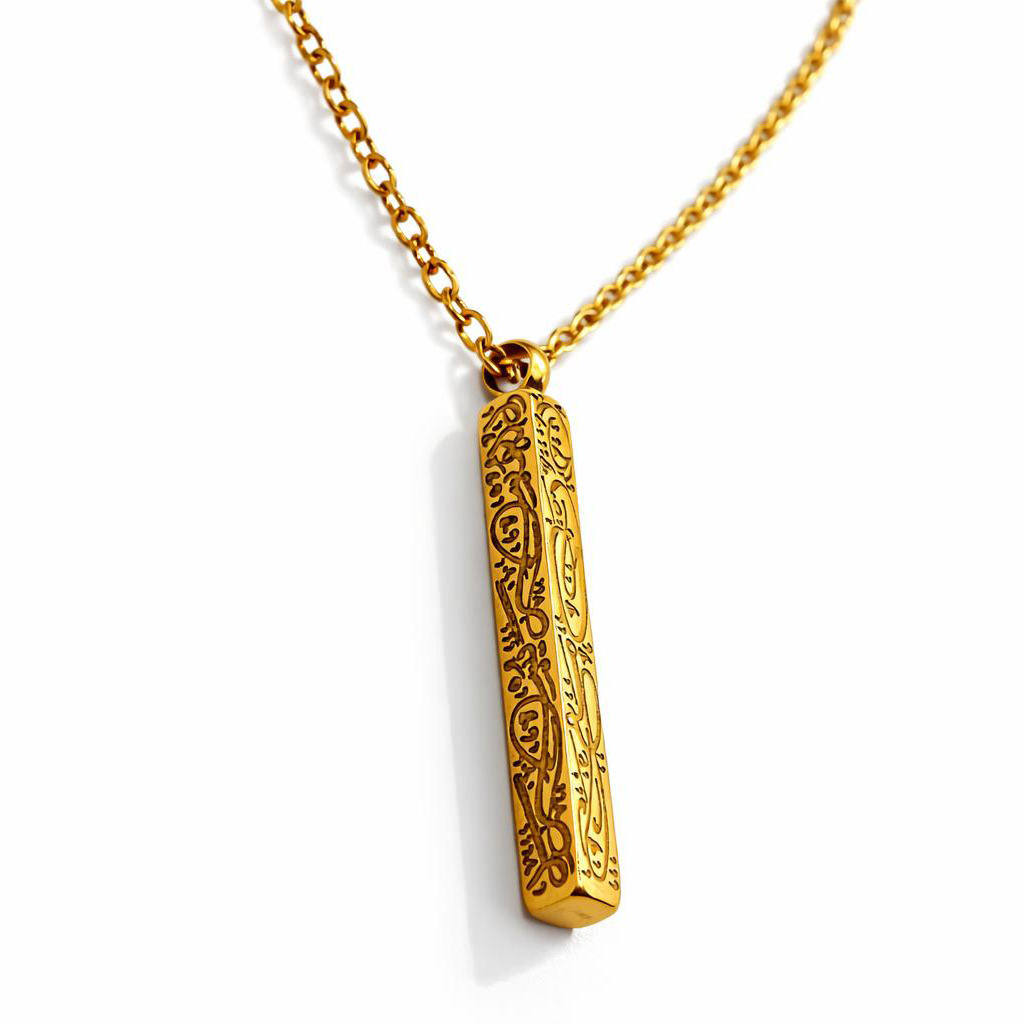 Gold necklace verily with hardship comes ease with a cylindrical pendant on a white background