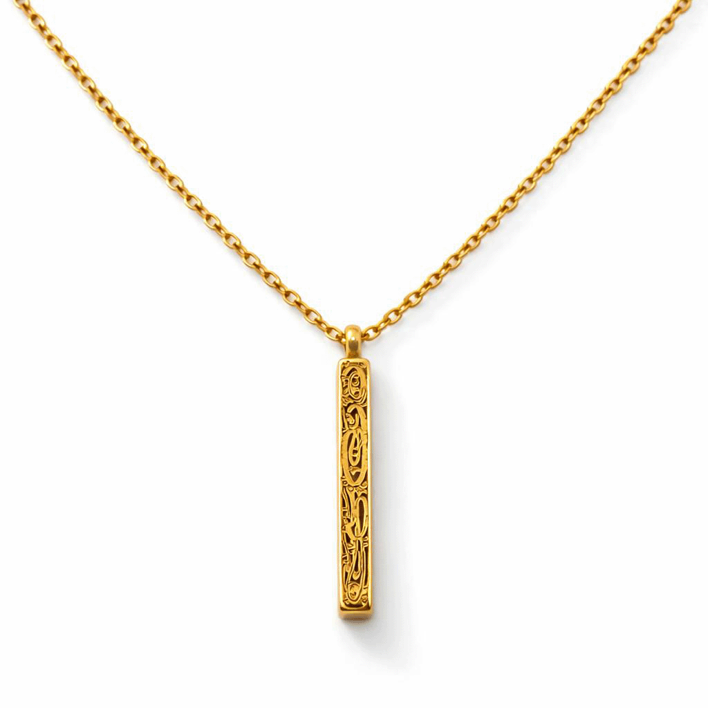 Gold necklace with a vertical pendant reading verily with hardship comes ease on a white background
