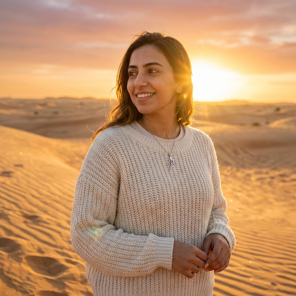 Woman standing in a desert at sunset, wearing a beige sweater and sister necklace.